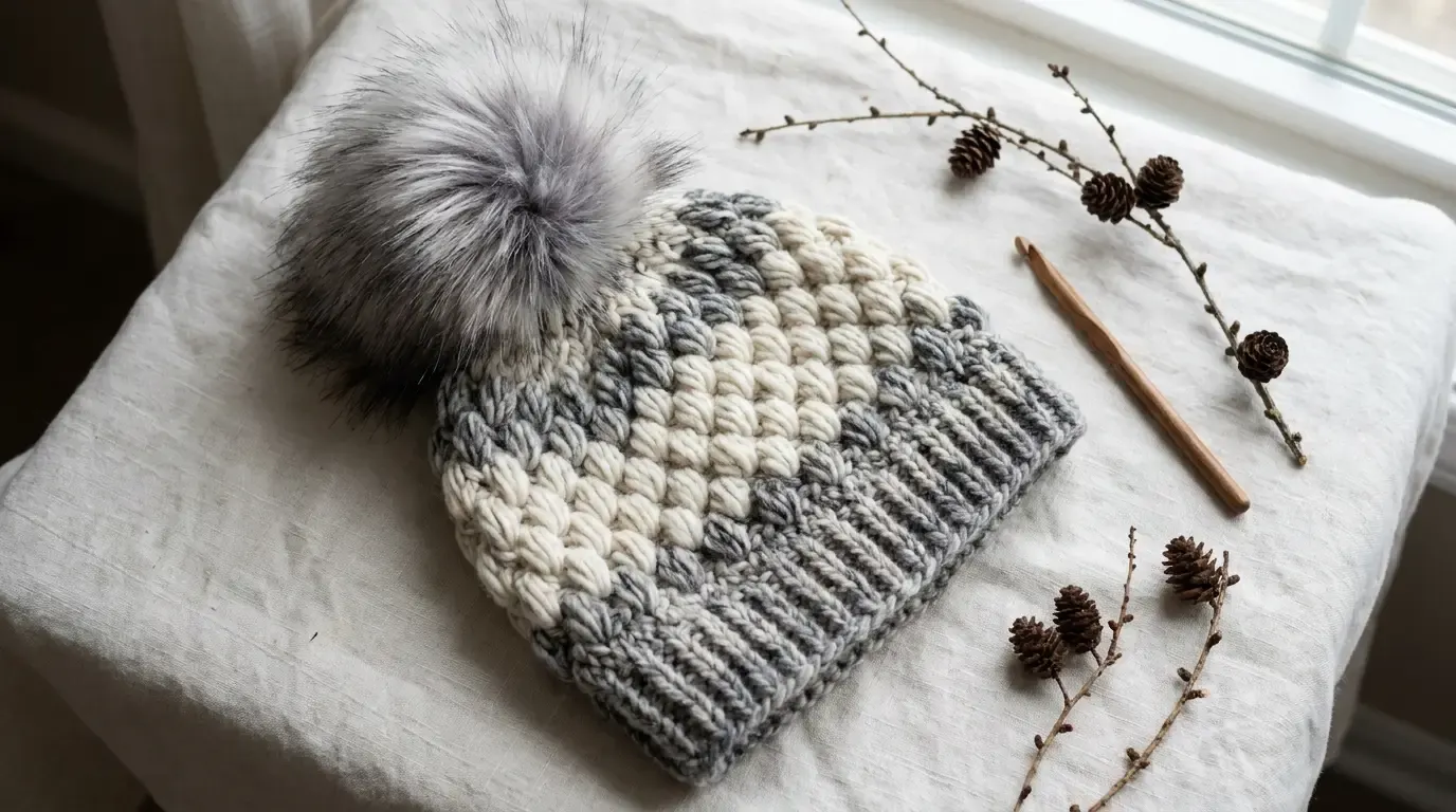 Frosted gray and cream puff-textured crochet beanie with a ribbed cuff and oversized gray faux-fur pom-pom on linen