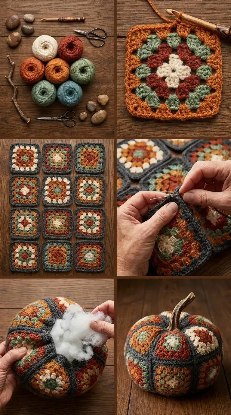 HookElla construction overview showing granny-square materials, a single motif, layout options, joining, stuffing, stem, and finished pumpkin