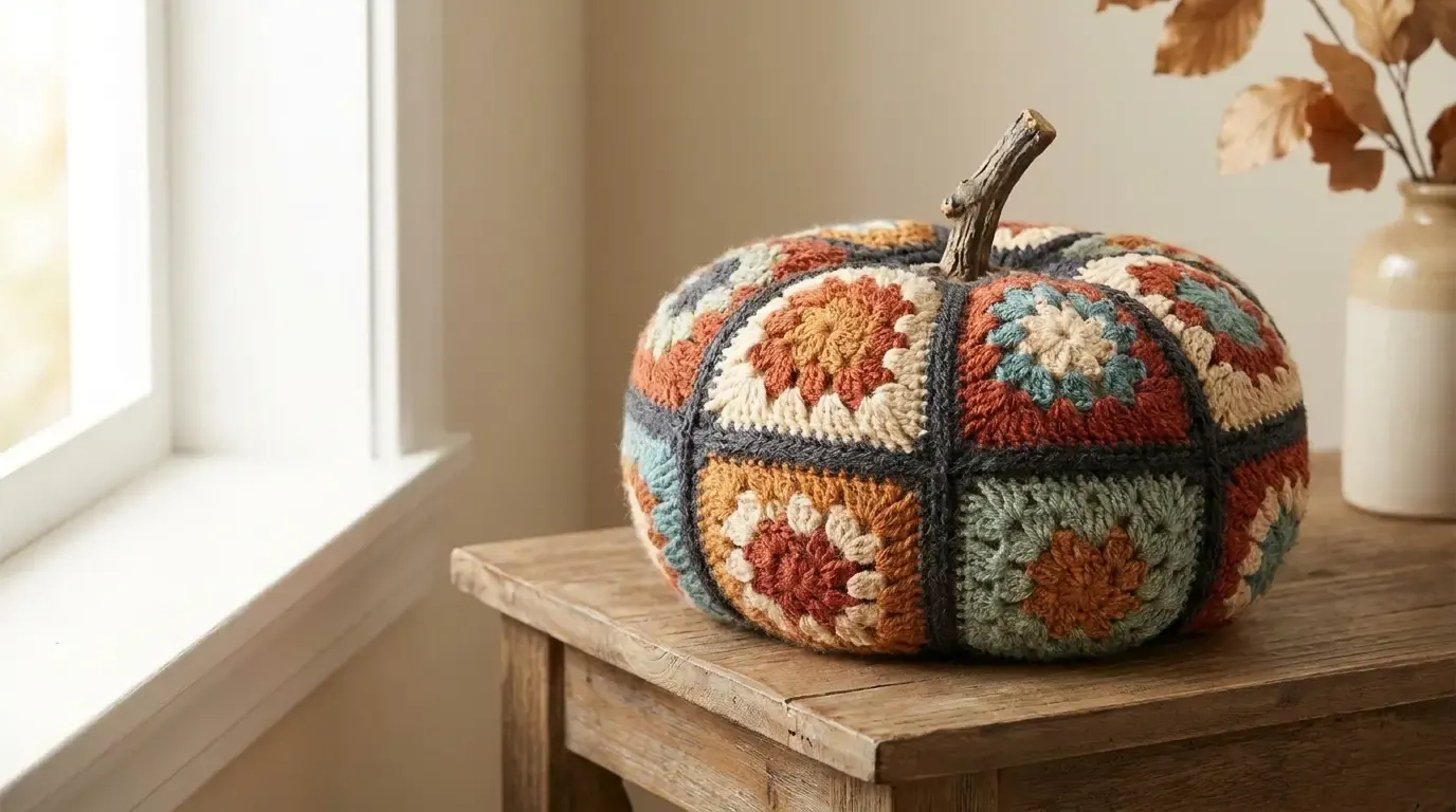 Patchwork crochet pumpkin made from colourful granny squares with a rustic stem on a wooden table
