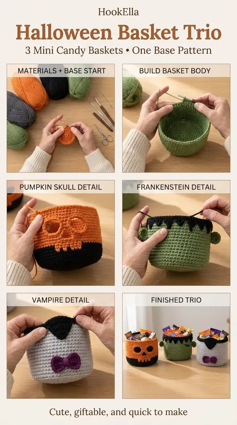 HookElla construction infographic showing the shared basket base and pumpkin skull, Frankenstein, and vampire details