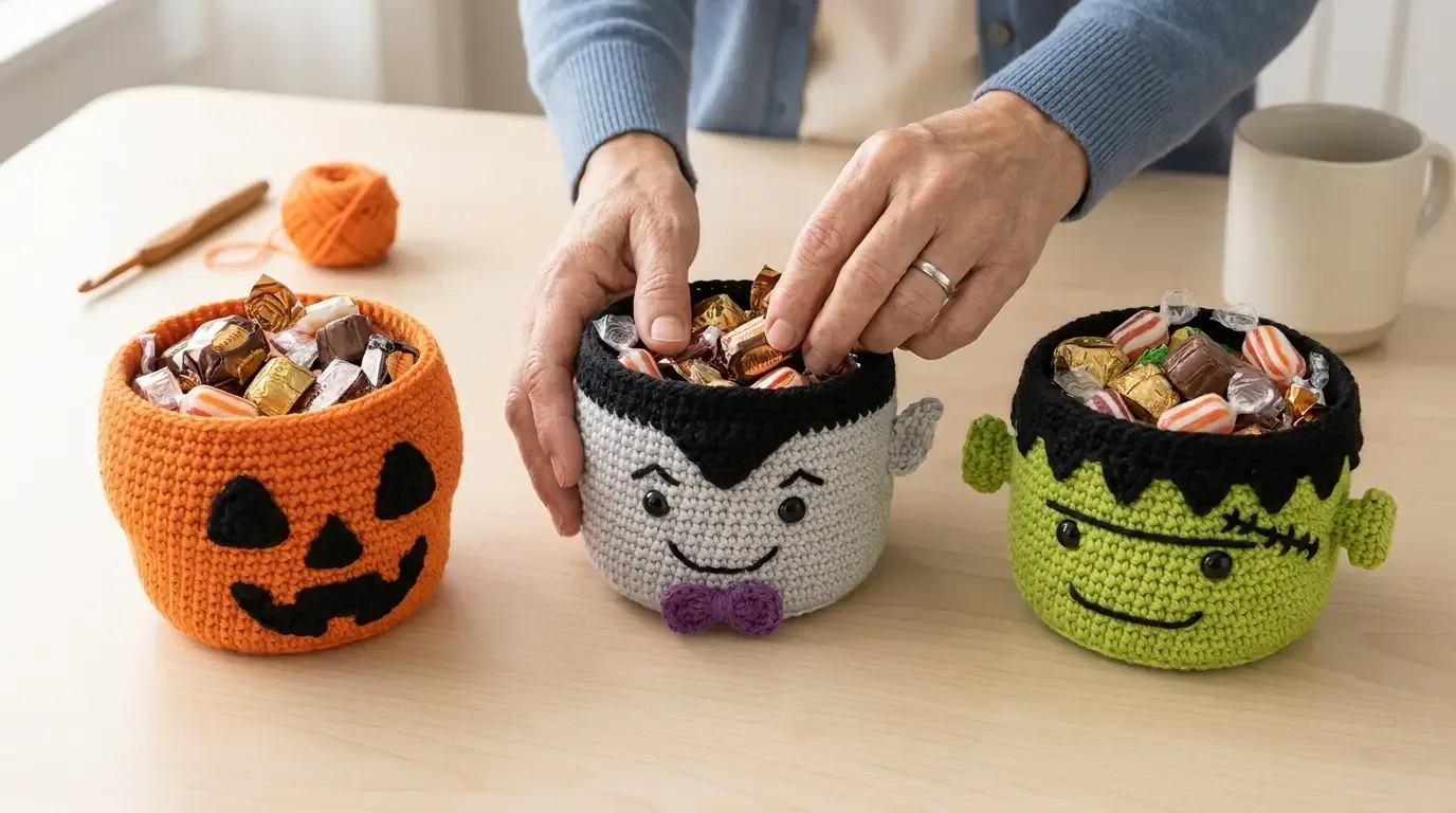 Three small crochet Halloween candy baskets styled as a pumpkin skull, vampire, and Frankenstein