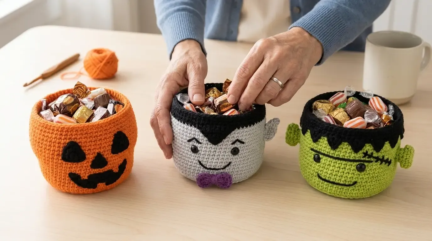 Three small crochet Halloween candy baskets styled as a pumpkin skull, vampire, and Frankenstein
