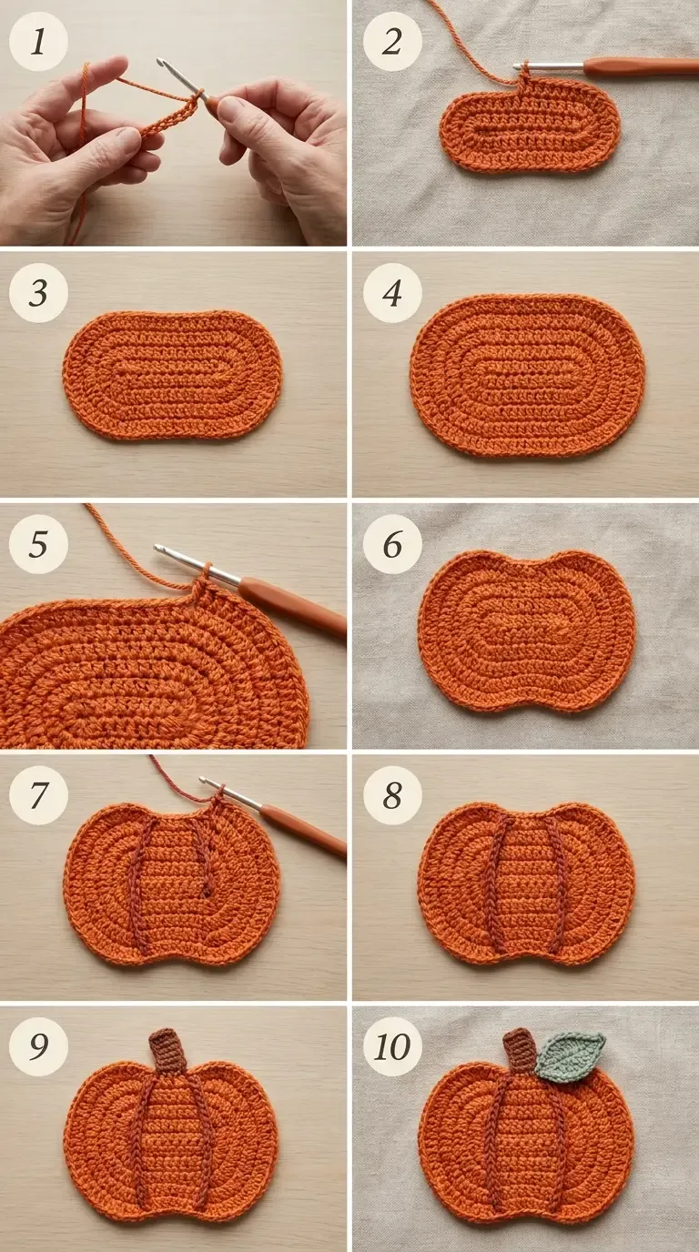 Ten numbered milestones showing the orange oval coaster base, lobed pumpkin edge, two raised ribs, stem, and single sage leaf