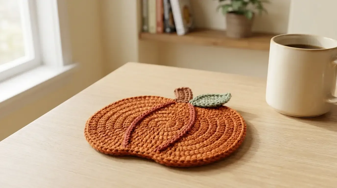 Flat burnt-orange crochet pumpkin coaster with two raised terracotta ribs, a short brown stem, and one small sage leaf beside a mug