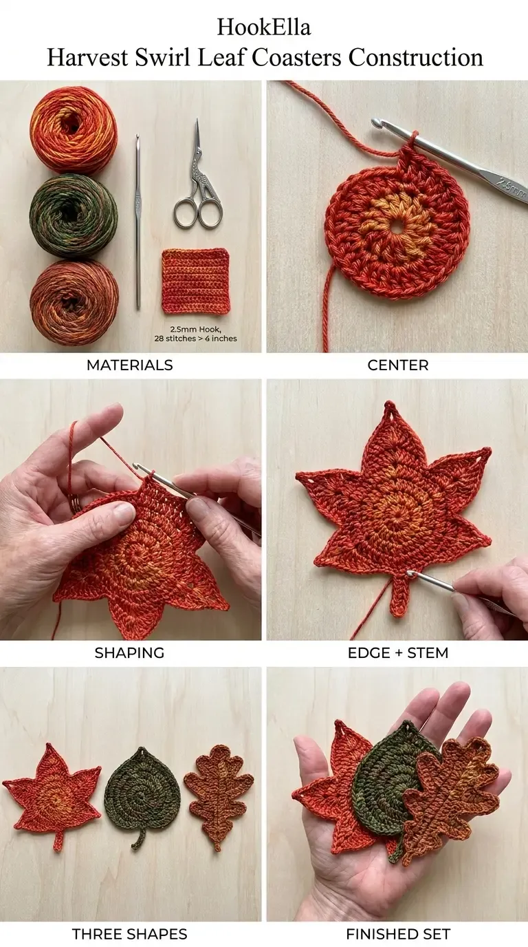 Construction overview of the Harvest Swirl Leaf Coasters showing cotton yarn and hook, a maple center, shaping, stem finishing, the three leaf shapes, and the finished set