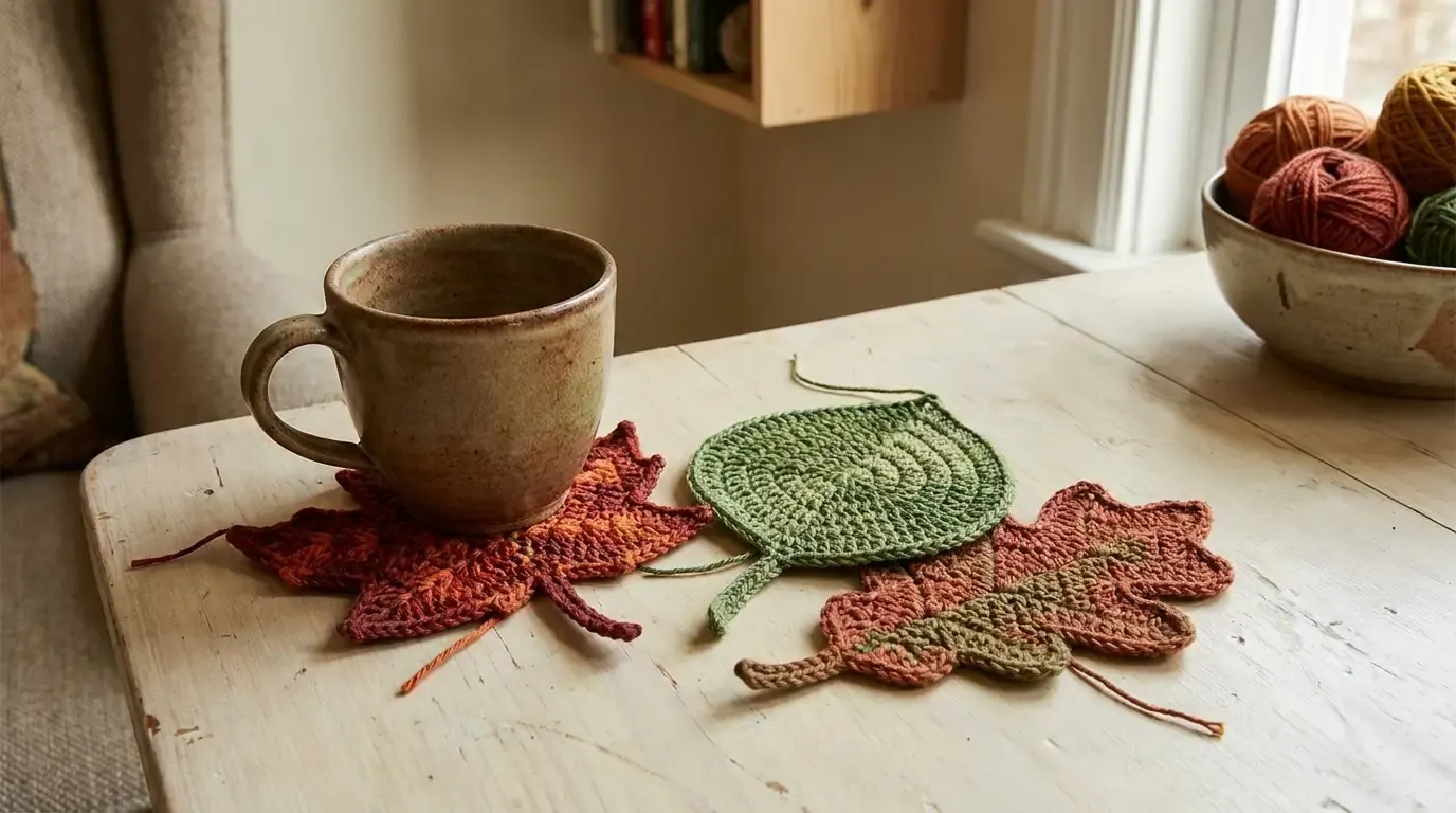 Three crochet leaf coasters in rust, green, and copper yarn arranged on a wooden table beneath a ceramic mug