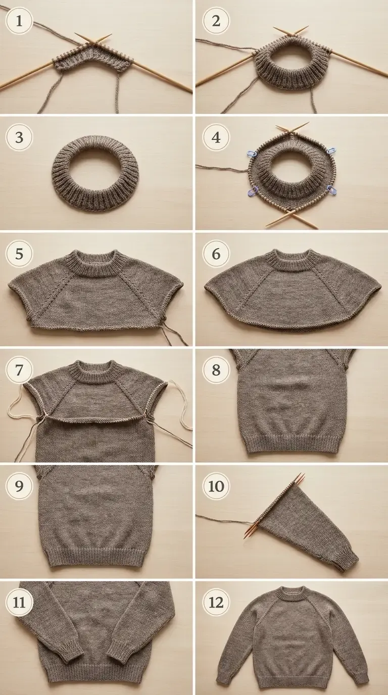 Numbered stages of a knitted raglan sweater from neckline and yoke through separated body and sleeves to the finished pullover.