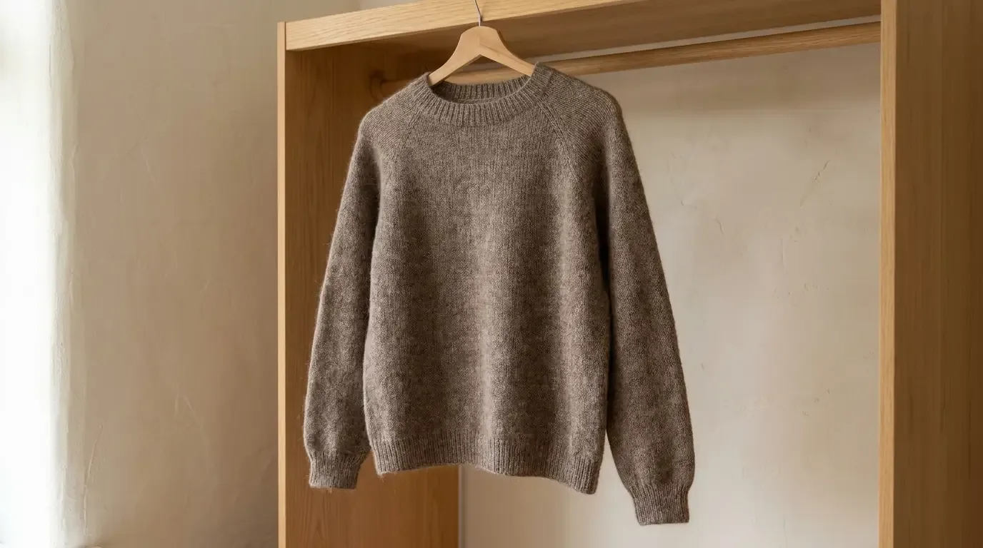 Heathered taupe-brown knitted raglan pullover with stockinette body, ribbed neckline, long sleeves, cuffs and hem hanging on a wooden hanger.