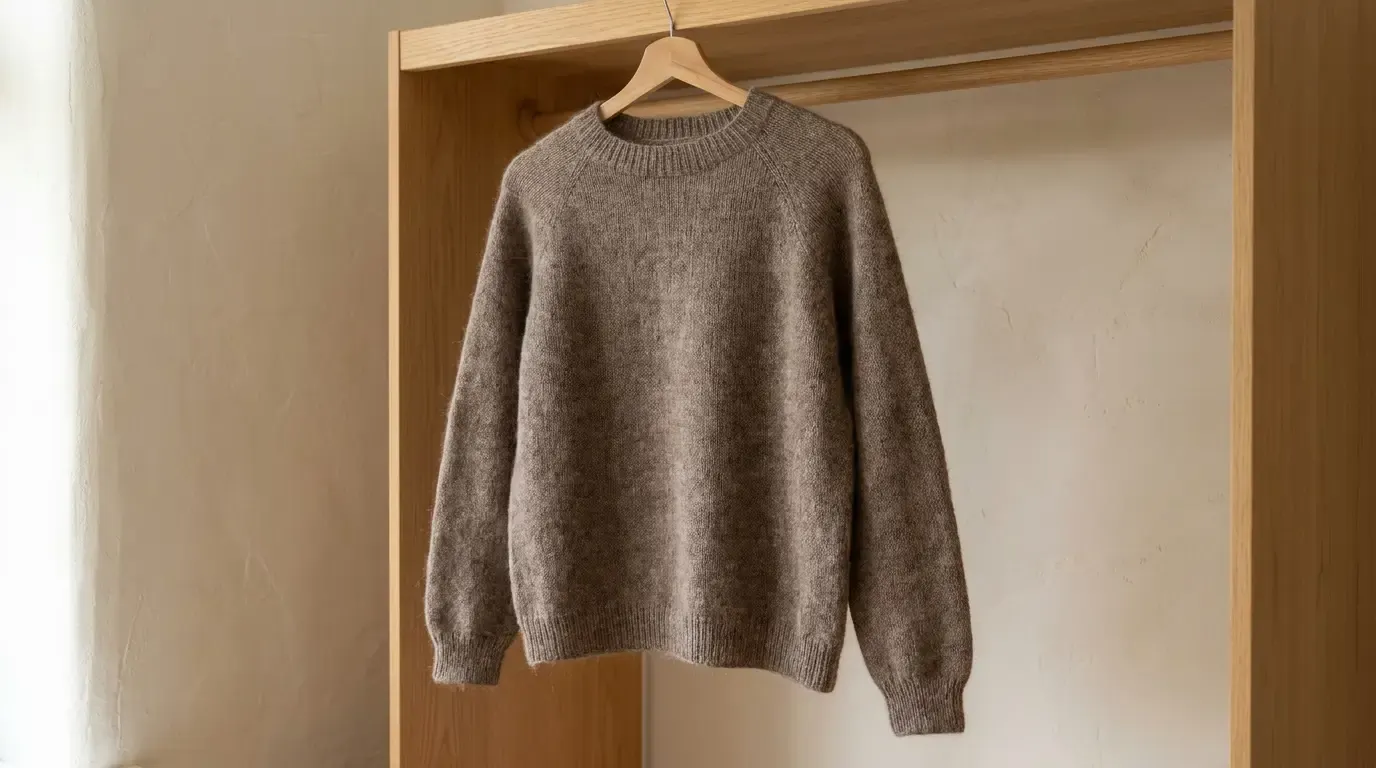 Heathered taupe-brown knitted raglan pullover with stockinette body, ribbed neckline, long sleeves, cuffs and hem hanging on a wooden hanger.