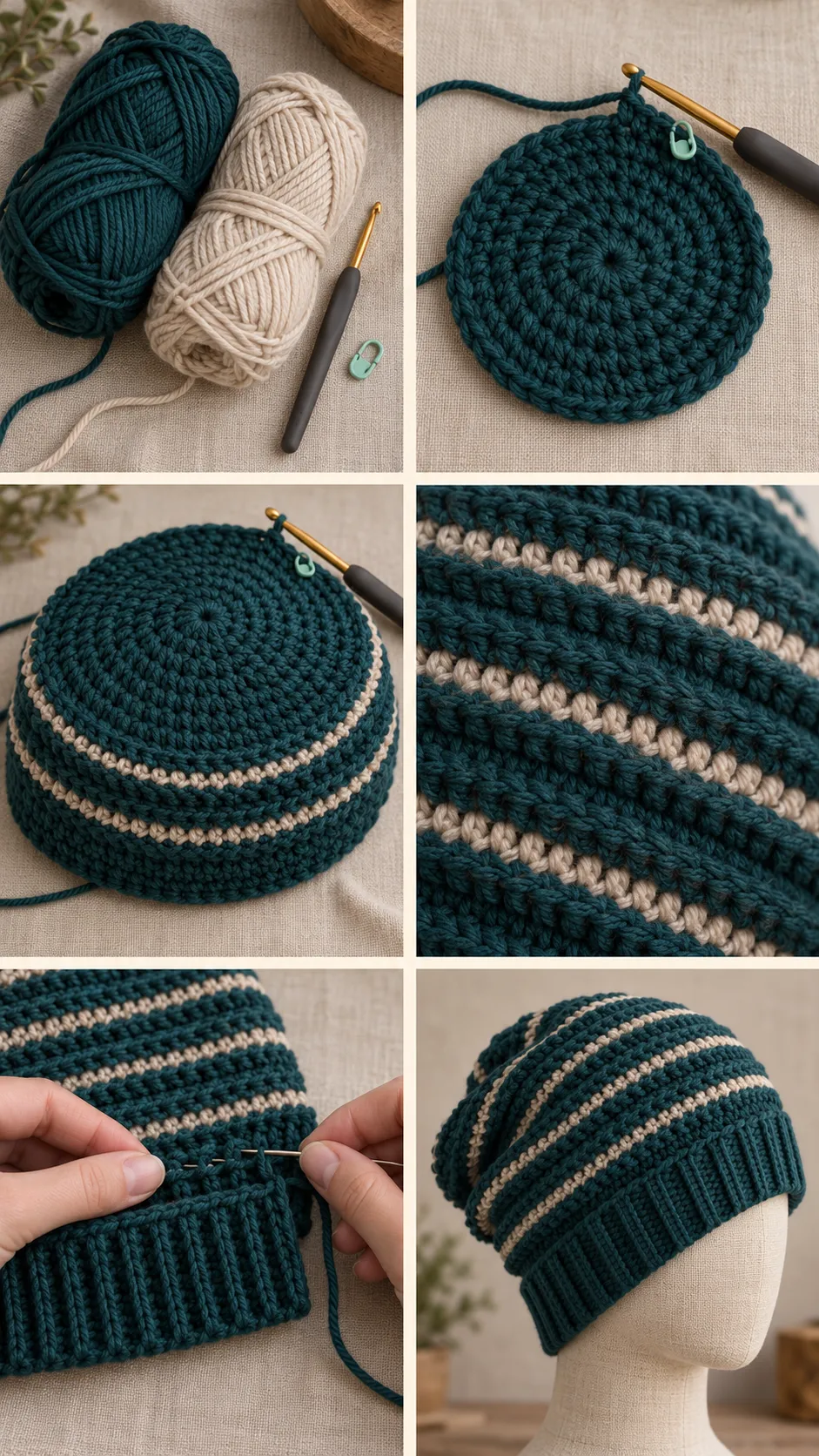 Six visual stages of the teal top-down beanie: yarn and tools, circular crown, striped body, close-up of the ridges, separate ribbed cuff being sewn on, and finished hat