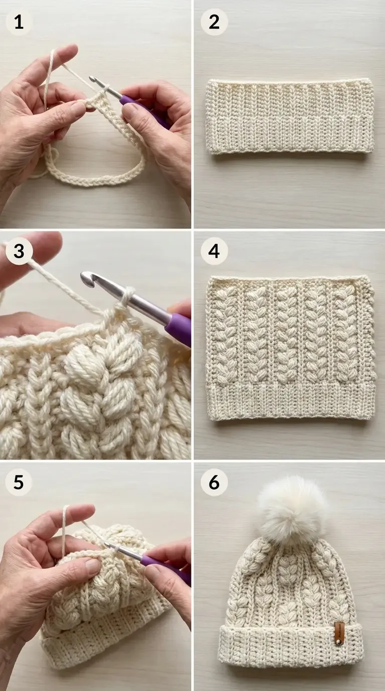 Six visual stages of an ivory beanie, from the flat panel and compact grain texture through the integrated cuff, crown shaping, and finished pom-pom hat