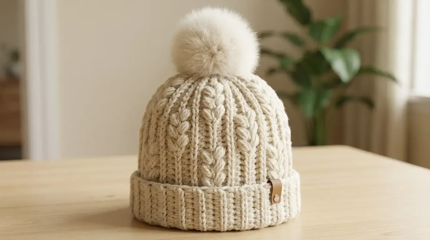 Ivory crochet beanie with staggered raised grain-texture columns, a ribbed folded cuff, a cream faux-fur pom-pom, and a small tan maker tag