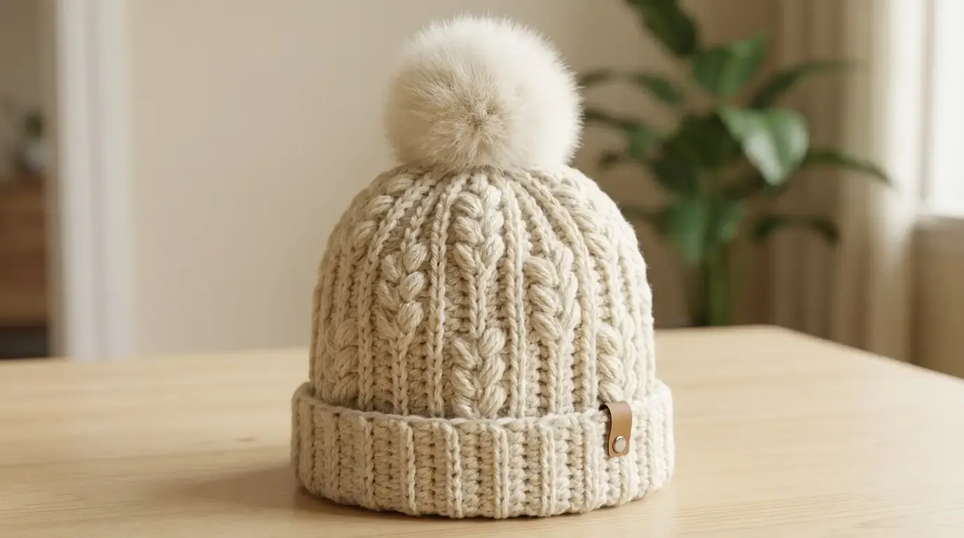 Ivory crochet beanie with staggered raised grain-texture columns, a ribbed folded cuff, a cream faux-fur pom-pom, and a small tan maker tag