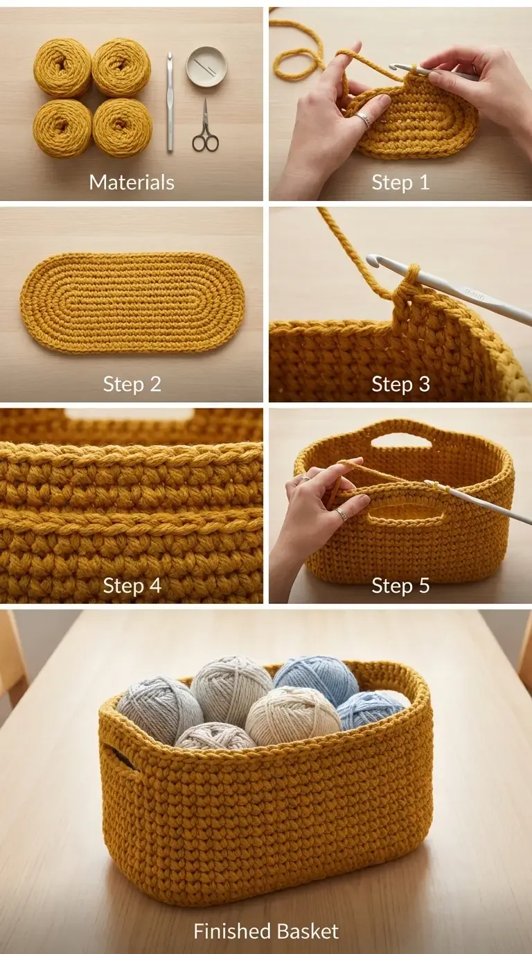 HookElla construction guide showing held-double yarn, oval chain base, waistcoat and BLO texture, integrated handles, and finished Jessie-style stash basket