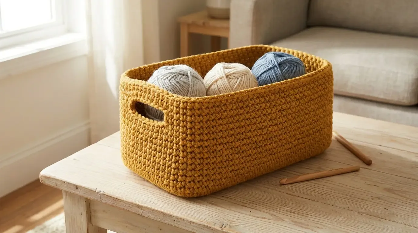 Mustard yellow rectangular crochet stash basket with integrated hand openings and yarn balls inside