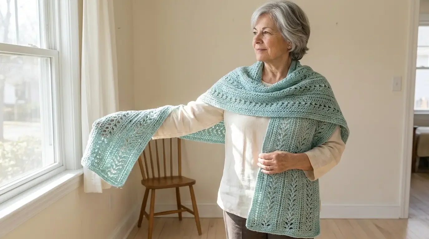 Woman wearing a pale sea-glass crochet lace wrap with vertical openwork columns and fan details, draped around her shoulders