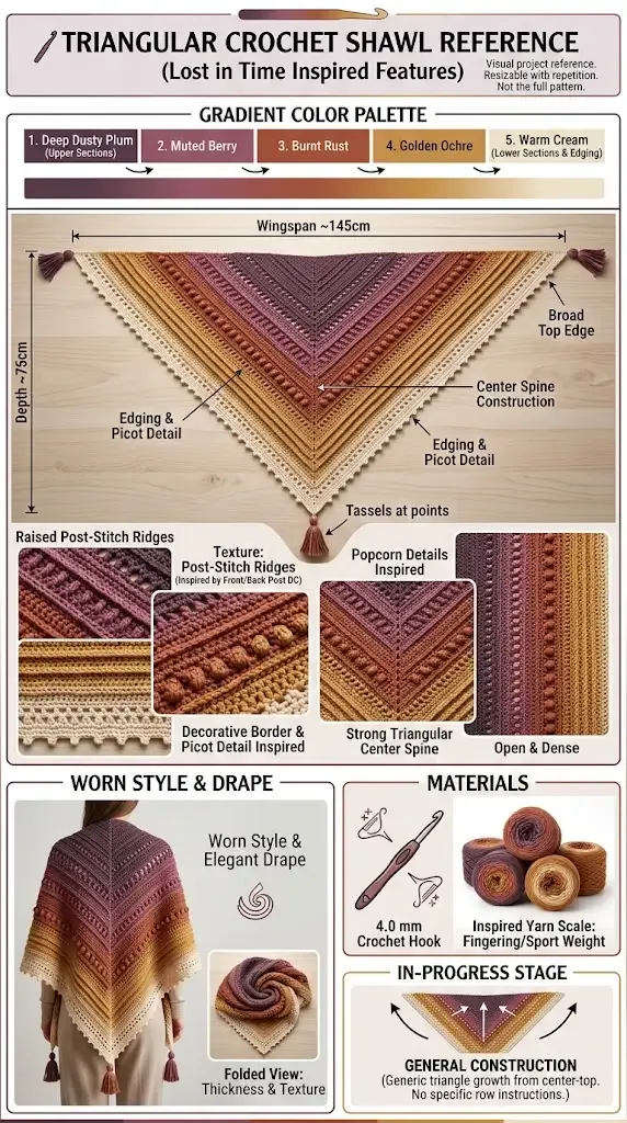 HookElla project reference showing the Lost in Time shawl silhouette, gradient palette, raised texture, edging, and tassel details