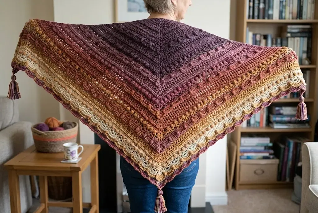 Fall-toned textured triangular crochet shawl draped over a wearer in a cozy reading room