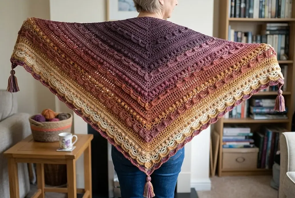 Fall-toned textured triangular crochet shawl draped over a wearer in a cozy reading room