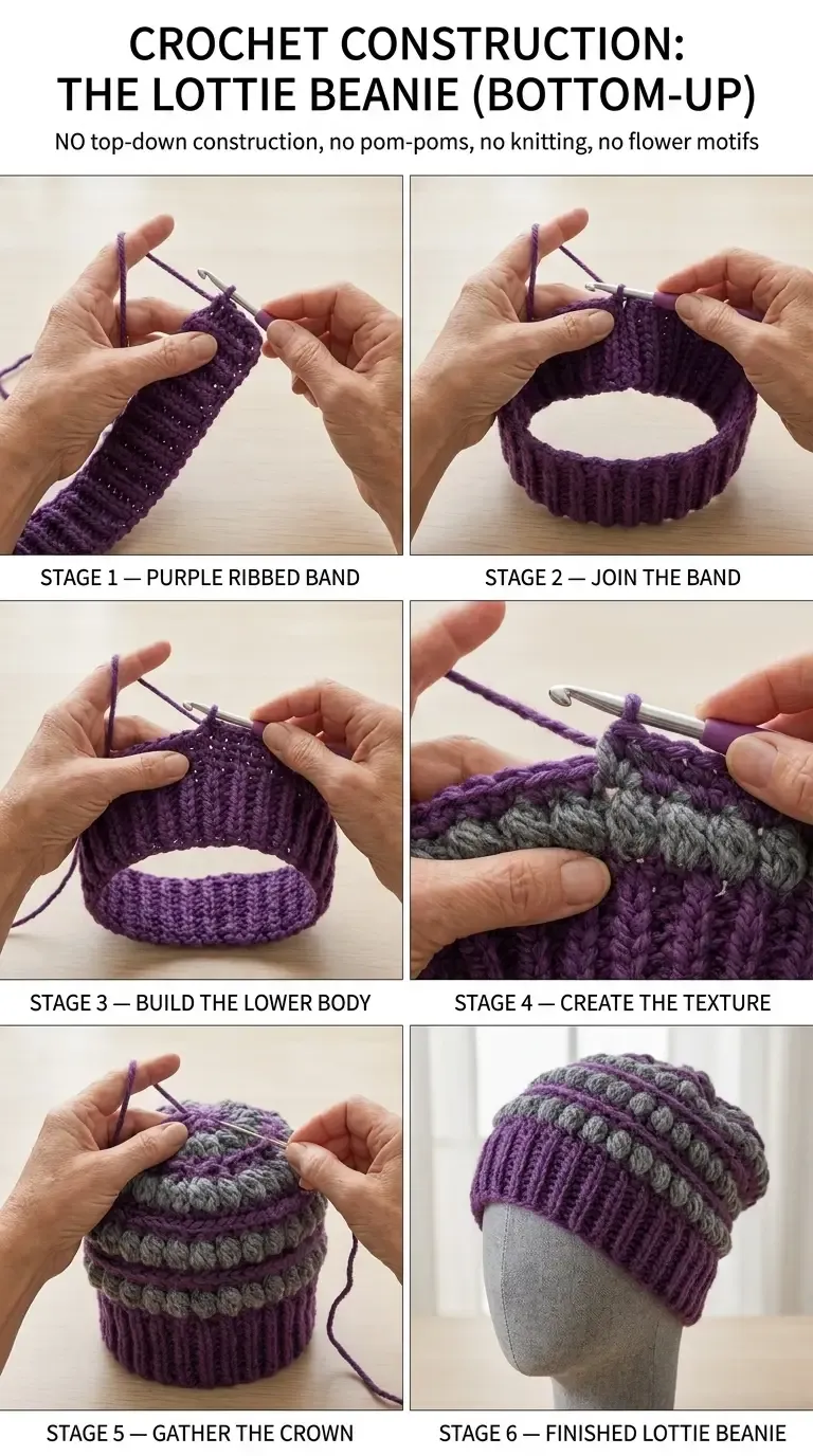 Six stages of Lottie Beanie construction, from the flat purple ribbed band through the joined band, upward body, raised gray puff texture, gathered crown, and finished purple-and-gray hat