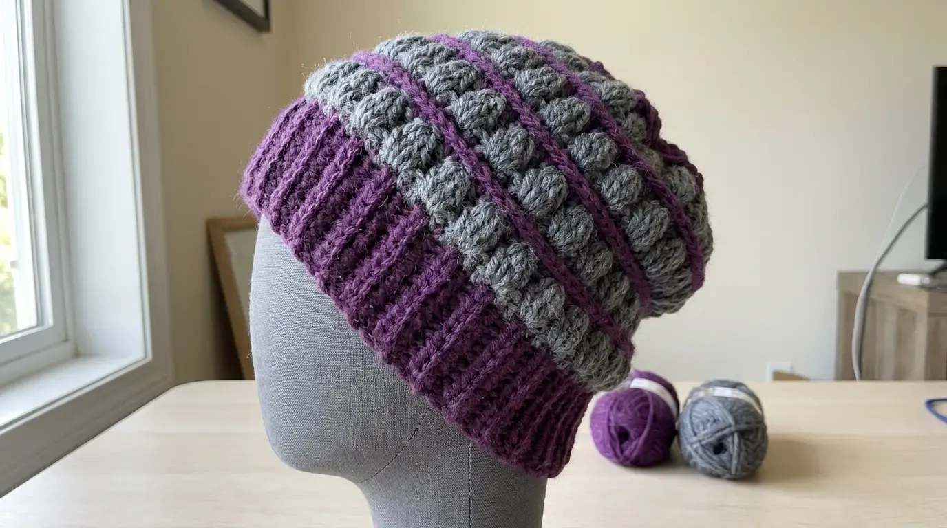 Lottie Beanie on a mannequin, showing a deep-purple ribbed band and alternating purple rounds with raised smoky-gray puff stitches