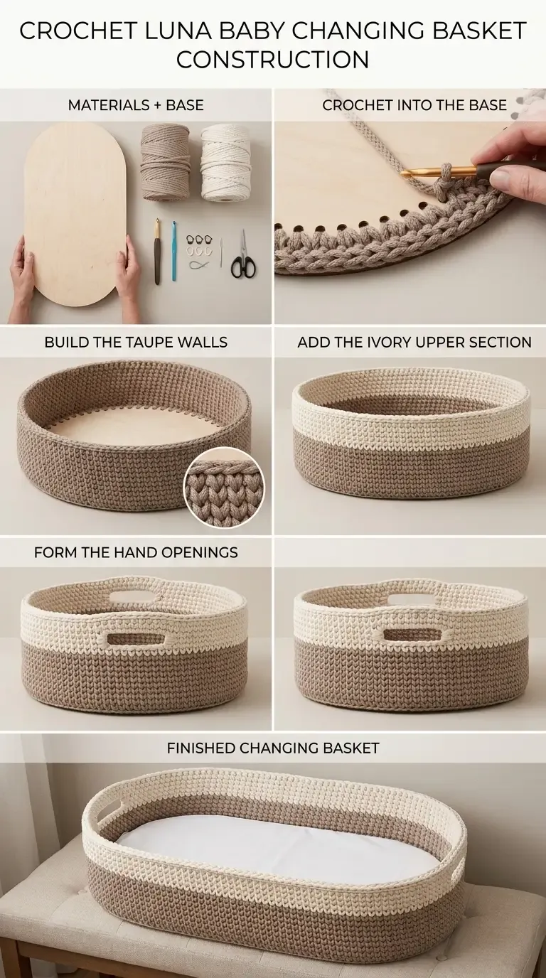 HookElla construction guide for the Luna Baby Changing Basket showing the plywood base, crocheting into the base, taupe walls, ivory upper section, hand openings, and finished basket