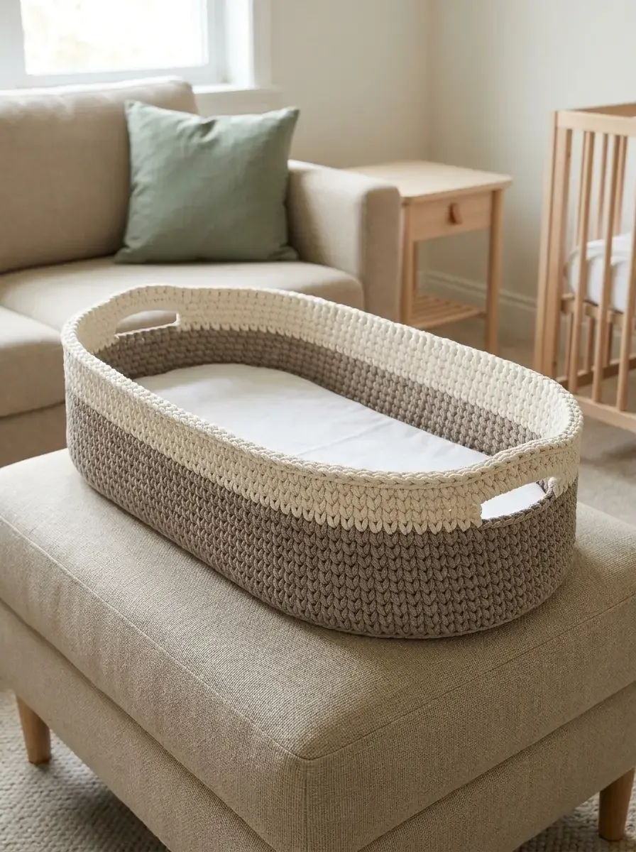 Taupe and ivory crochet Luna baby changing basket with oval opening, structured sides, and integrated hand openings styled in a nursery