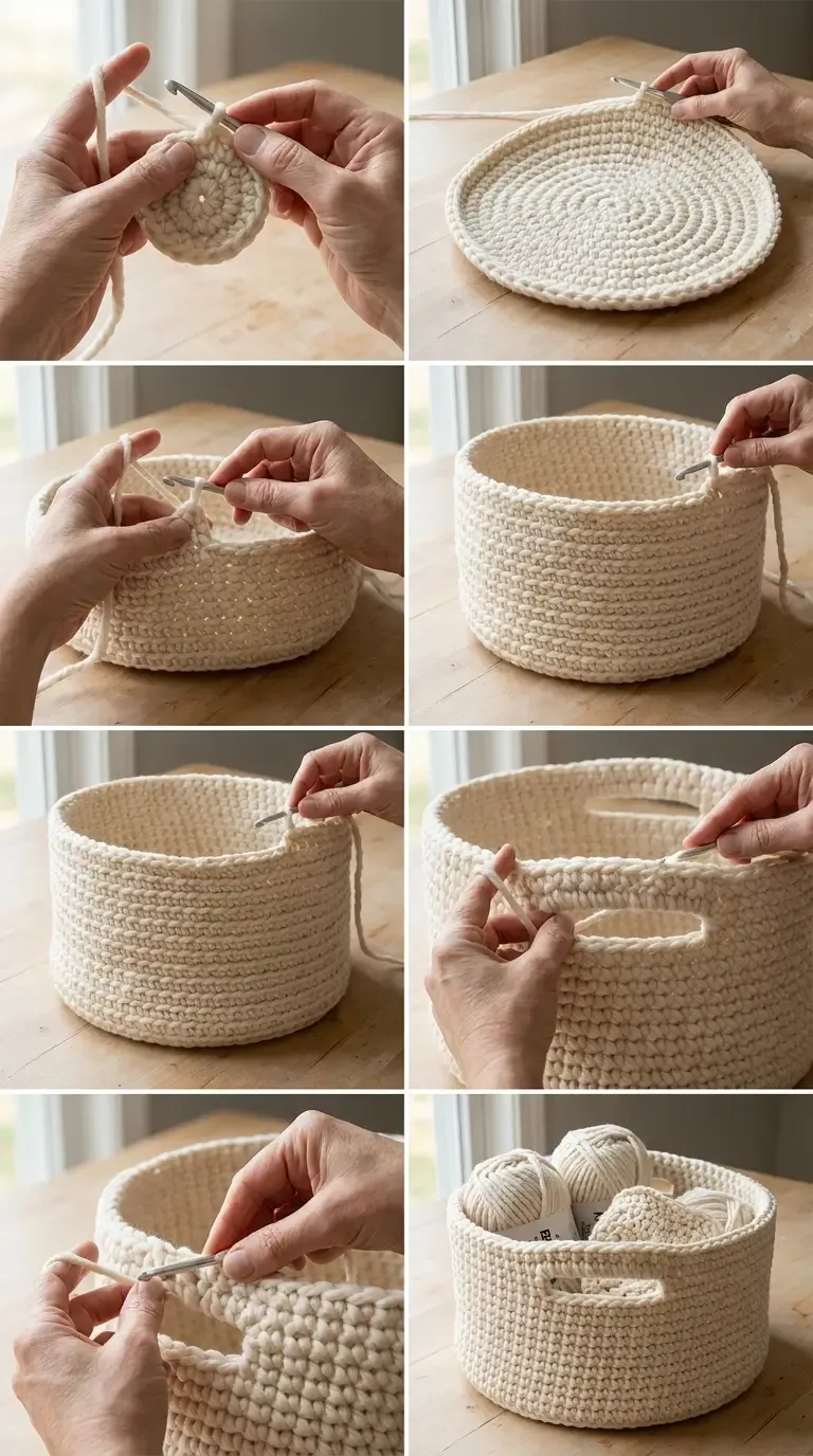 Construction overview of a cream crochet storage basket showing the circular base, rising walls, joined rounds, and integrated hand openings