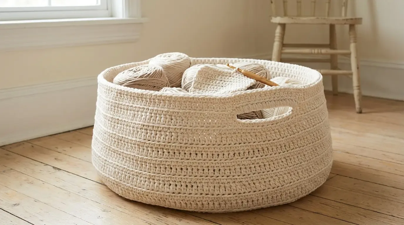 Large cream crochet Maker Basket with chunky textured sides and integrated horizontal hand openings