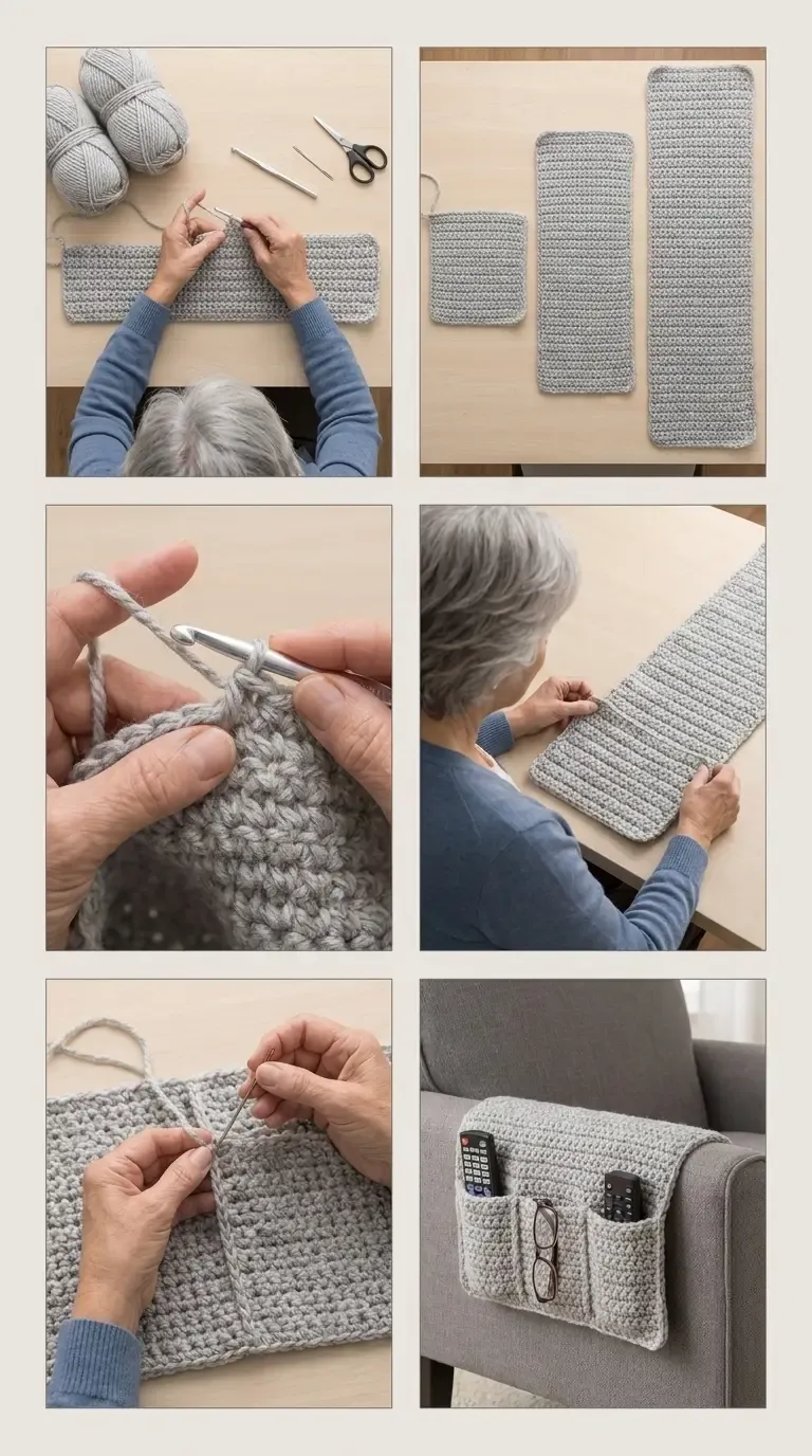 HookElla construction overview showing the long caddy panel, separate pocket panels, stitching detail, pocket attachment, and finished armchair organizer