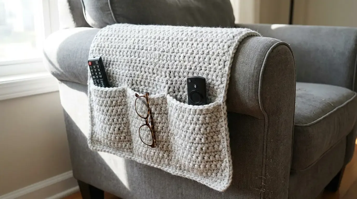 Light-gray crochet arm chair caddy draped over an armchair with pockets holding remotes and glasses