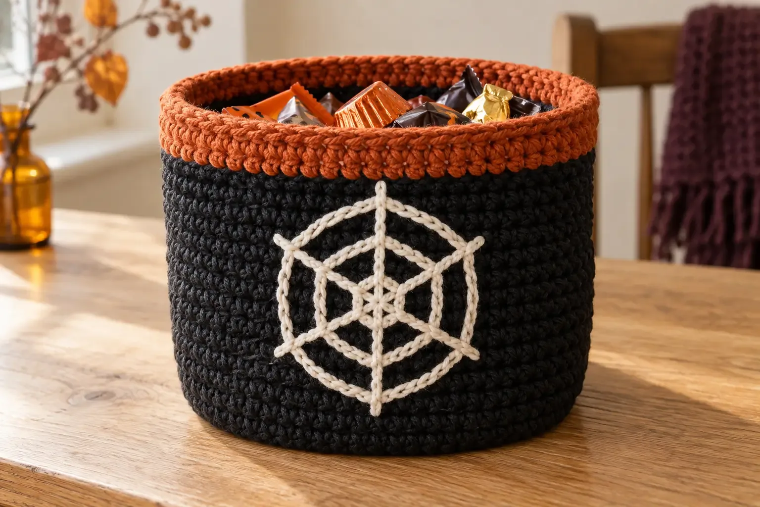 Open midnight charcoal crochet treat basket with burnt-orange rim and ivory spiderweb motif, filled with Halloween candy