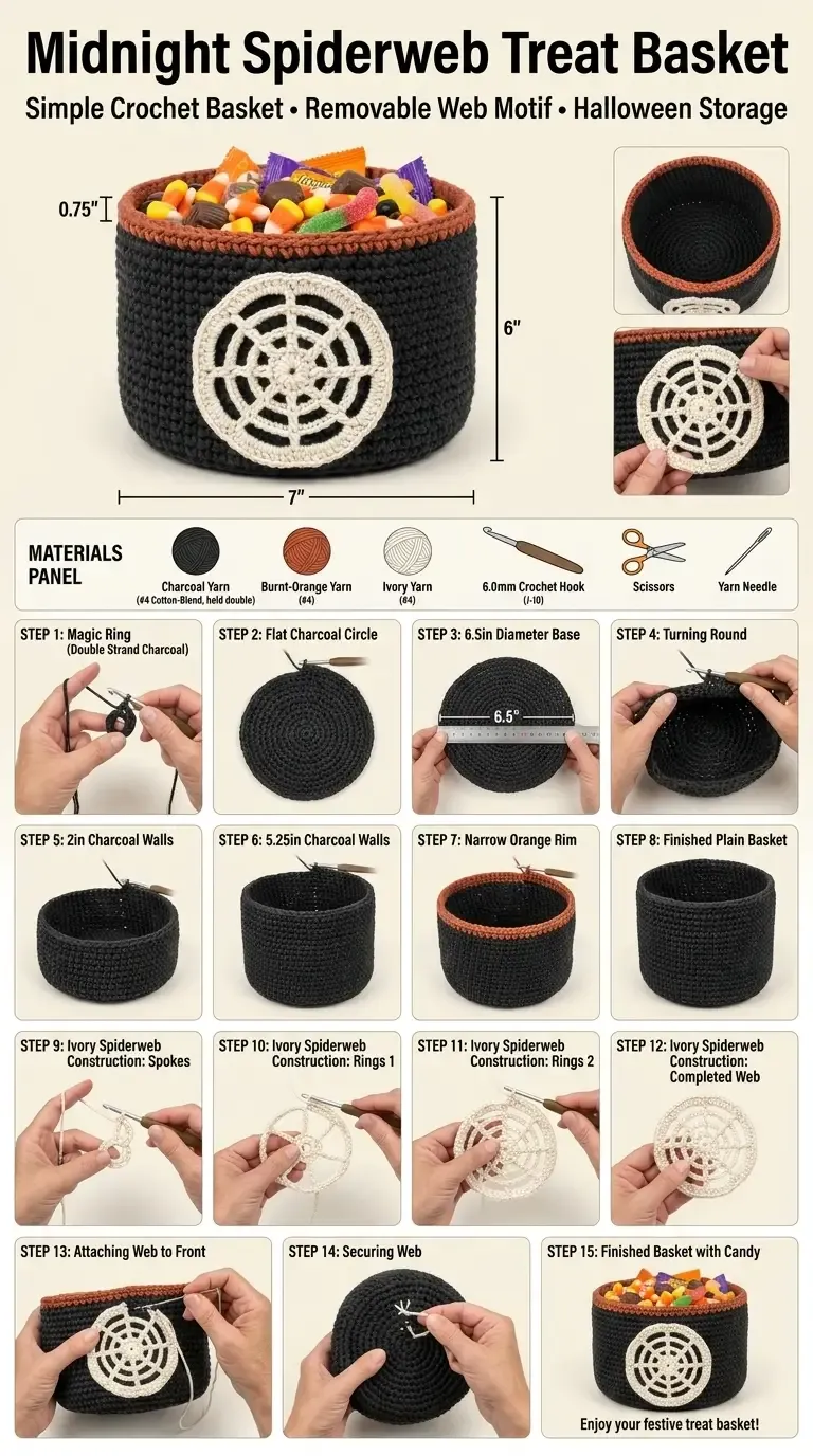 Construction guide for the midnight spiderweb treat basket showing the doubled charcoal base, vertical walls, orange rim, separate web motif, and front attachment