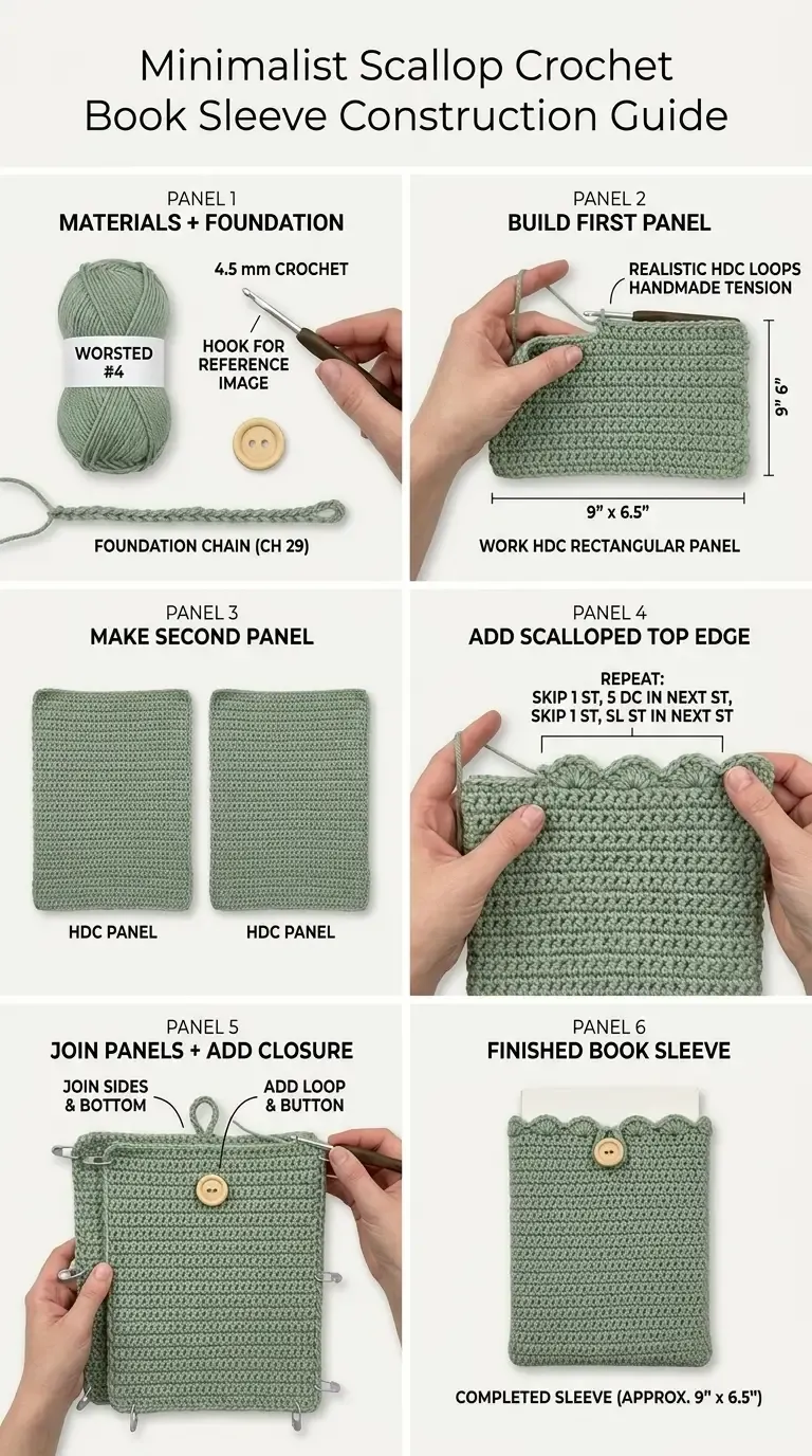 HookElla construction guide showing the yarn, chain 29 foundation, first HDC panel, second panel, scalloped top edge, panel joining, button loop, and finished book sleeve