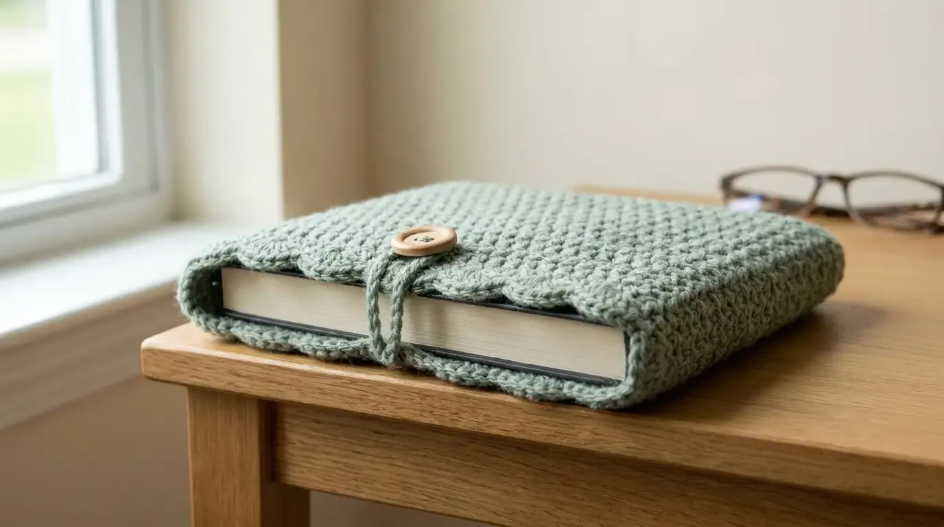 Sage green crochet book sleeve with scalloped edge, wooden button, and loop closure wrapped around a hardcover book on a wooden table