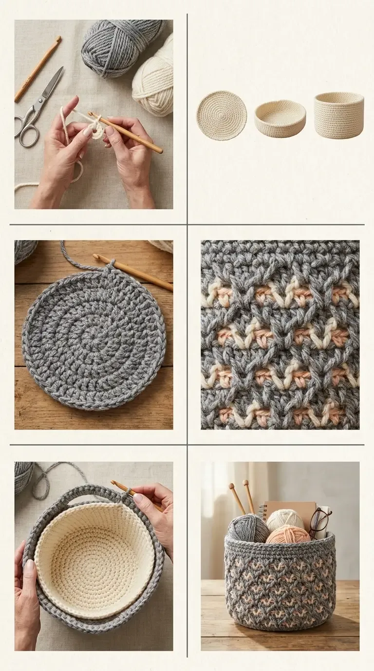 HookElla construction overview showing the crocheted liner, round base, Moroccan Tile Stitch texture, double-layer assembly, and finished handled basket
