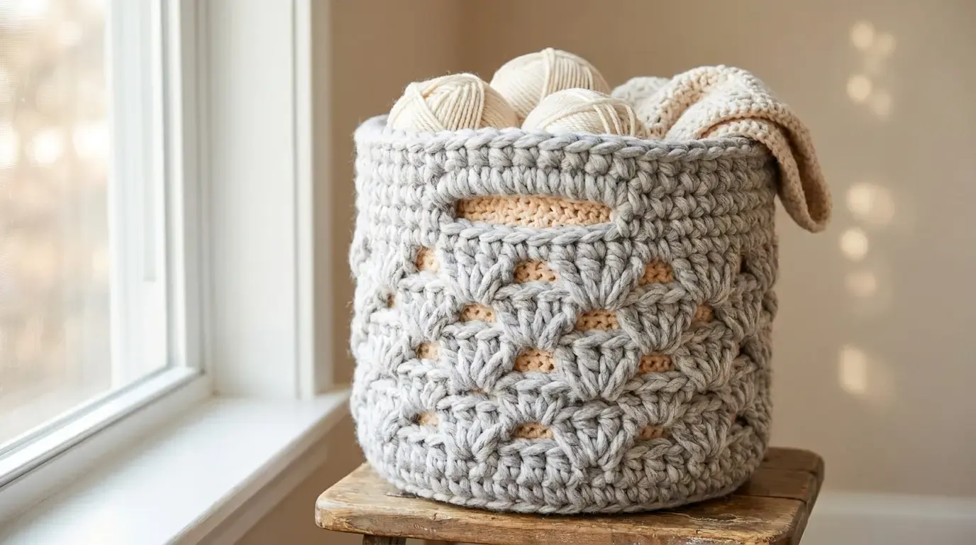 Grey Moroccan Tile Stitch crochet basket with a cream liner, integrated handles, and yarn balls inside