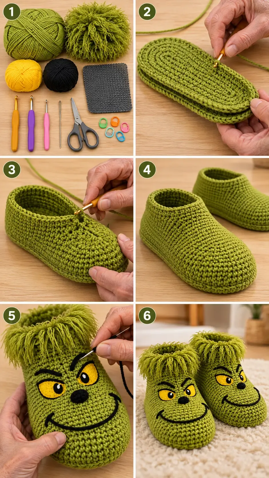 Six-step construction overview showing the paired oval sole, the upper worked from its edge, the plain slipper, face embroidery, and finished monster slippers