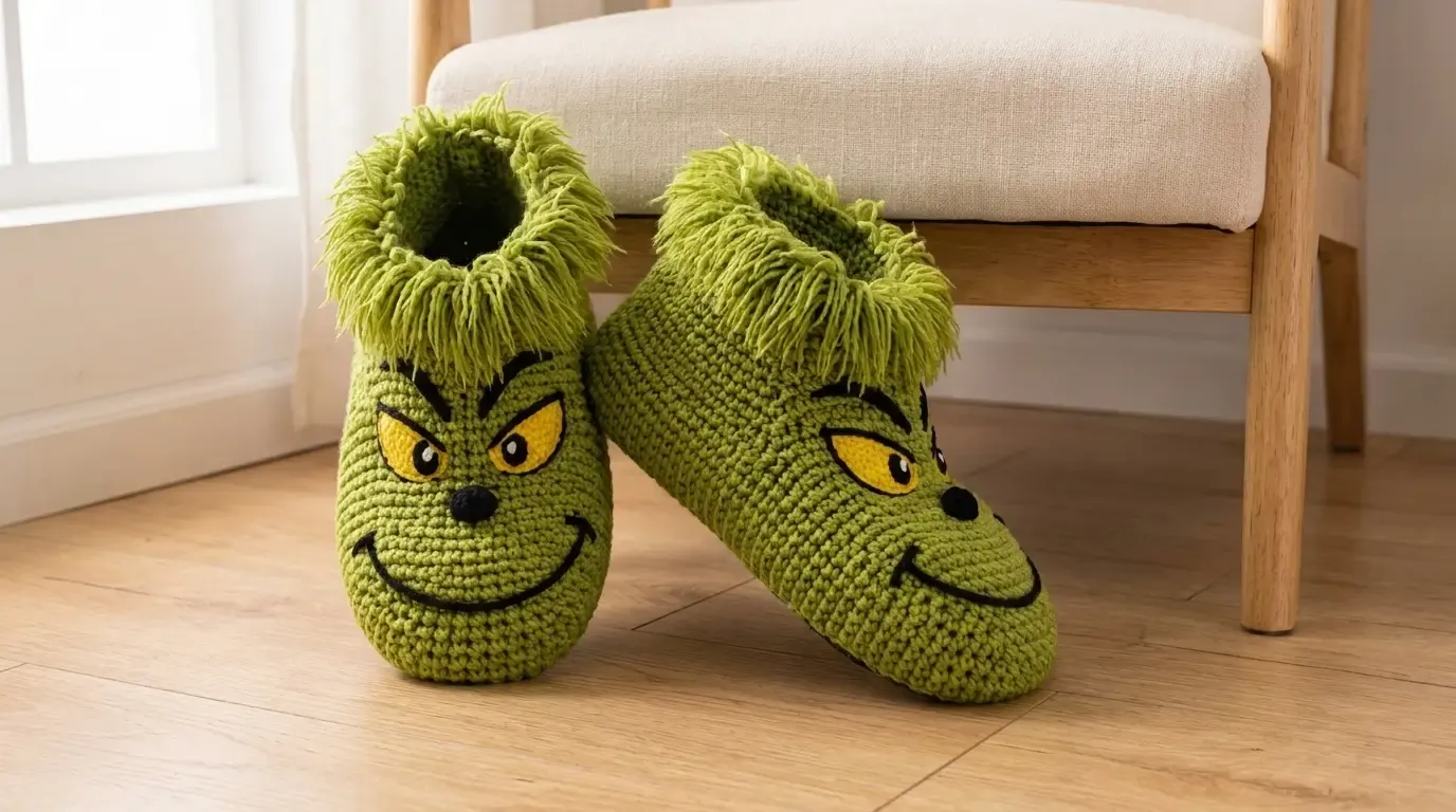 Pair of olive-green crochet monster slippers with shaggy lime cuffs, embroidered yellow eyes, black brows and smiles, and rounded noses