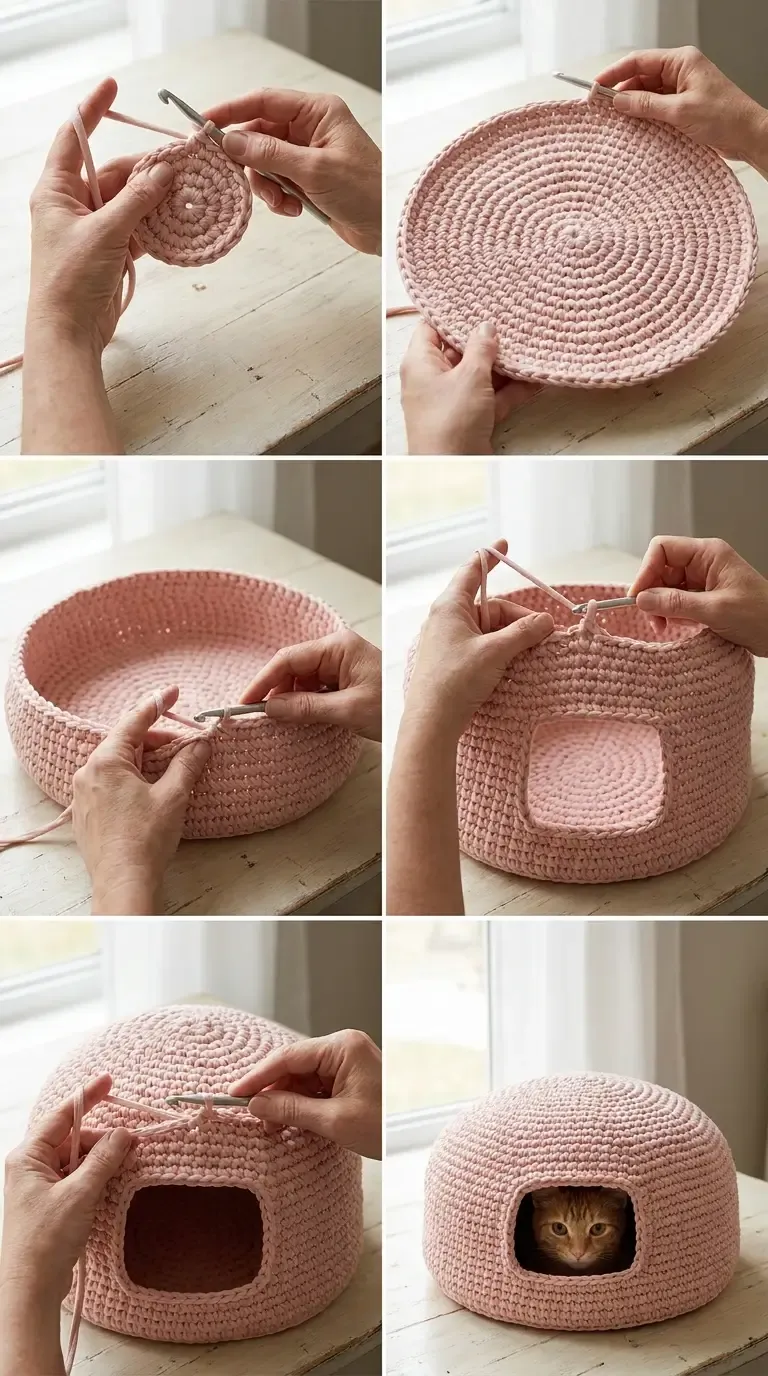 Construction overview of a blush-pink crochet cat nest showing the circular base, rising walls, doorway, dome, and finished bed