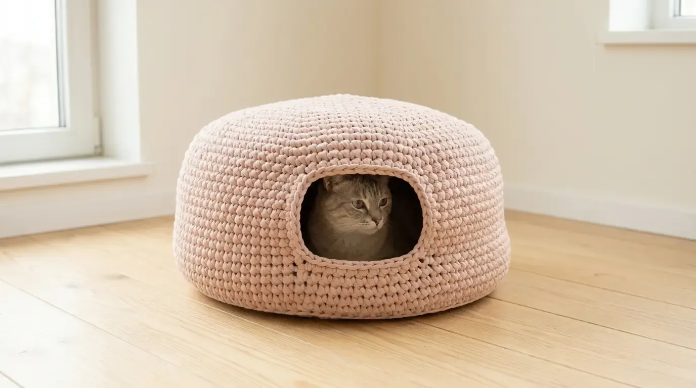 Cat resting inside a low rounded blush-pink crochet nest with a small front entrance