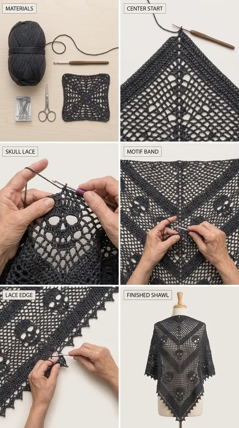 Construction overview of the Nightshade Skull Lace Shawl showing materials, center-out mesh, skull lace, motif placement, pointed edging, and the finished shawl
