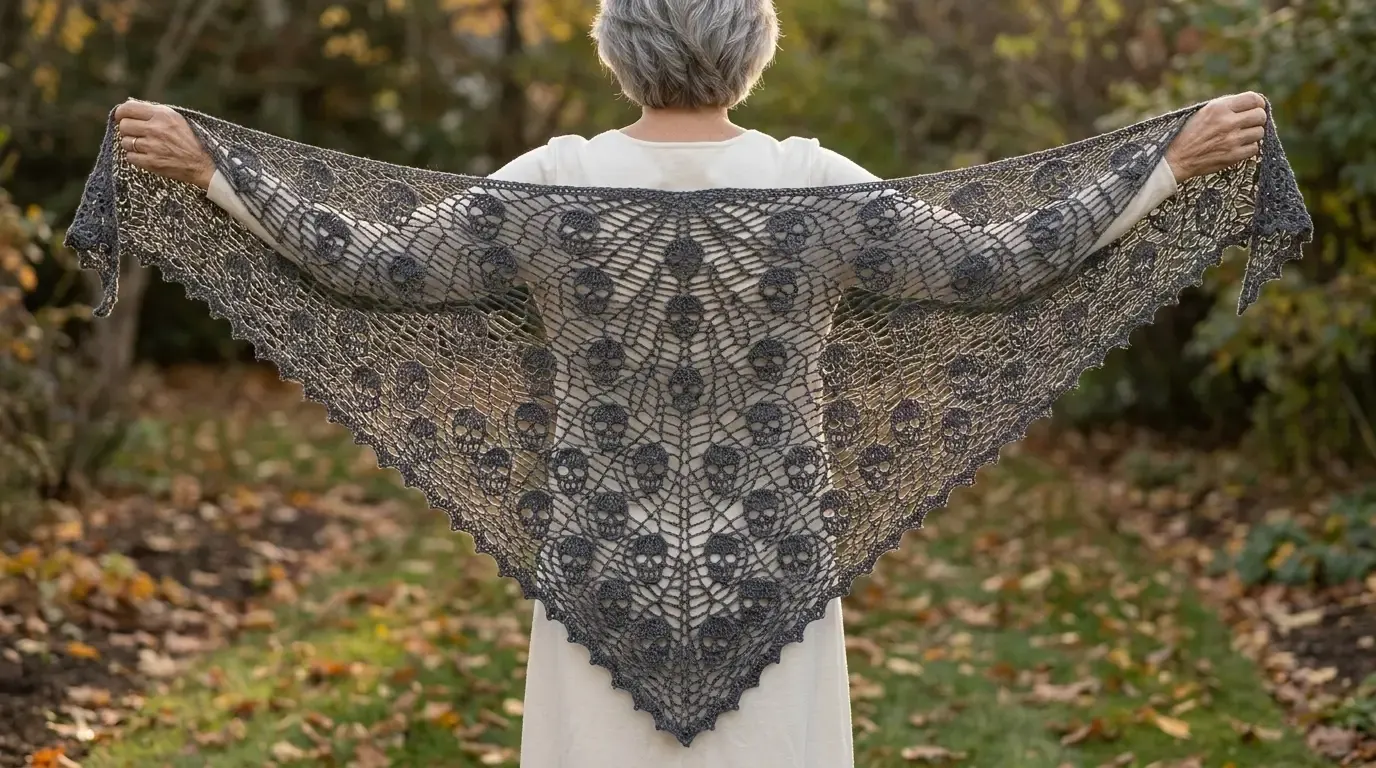 Charcoal triangular crochet shawl with multiple small skull lace motifs repeated throughout the fabric, held wide against an autumn woodland