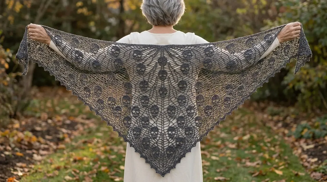 Charcoal triangular crochet shawl with multiple small skull lace motifs repeated throughout the fabric, held wide against an autumn woodland