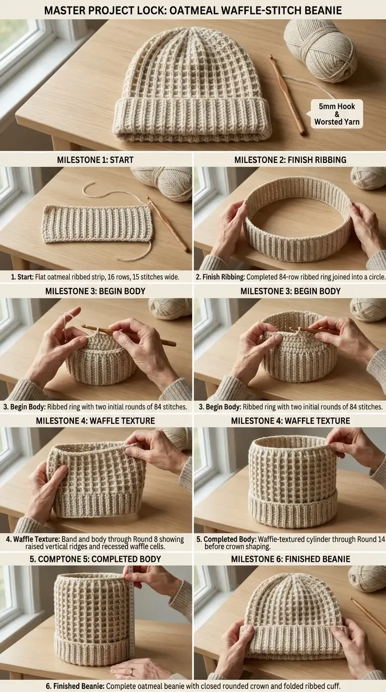 Oatmeal crochet band joined into a ring, followed by the waffle-textured body and rounded beanie crown at selected construction milestones