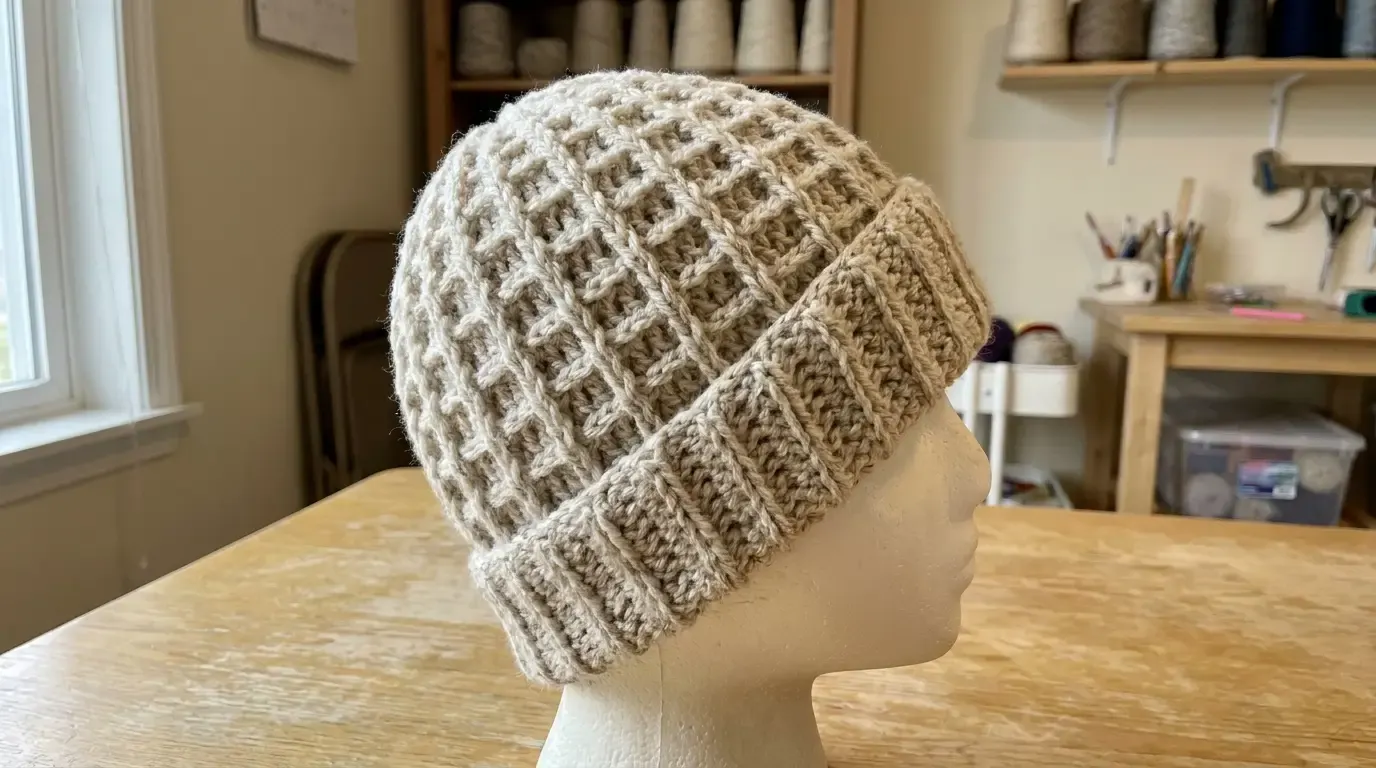 Oatmeal cream crochet beanie on a mannequin, showing a raised waffle-grid body and folded ribbed cuff