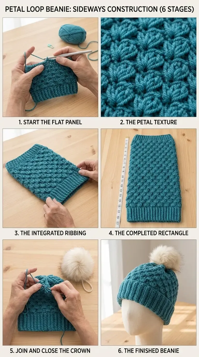 Six construction stages for an ocean-teal sideways beanie, showing a textured panel, integrated cuff, panel seam, gathered crown, and pom-pom