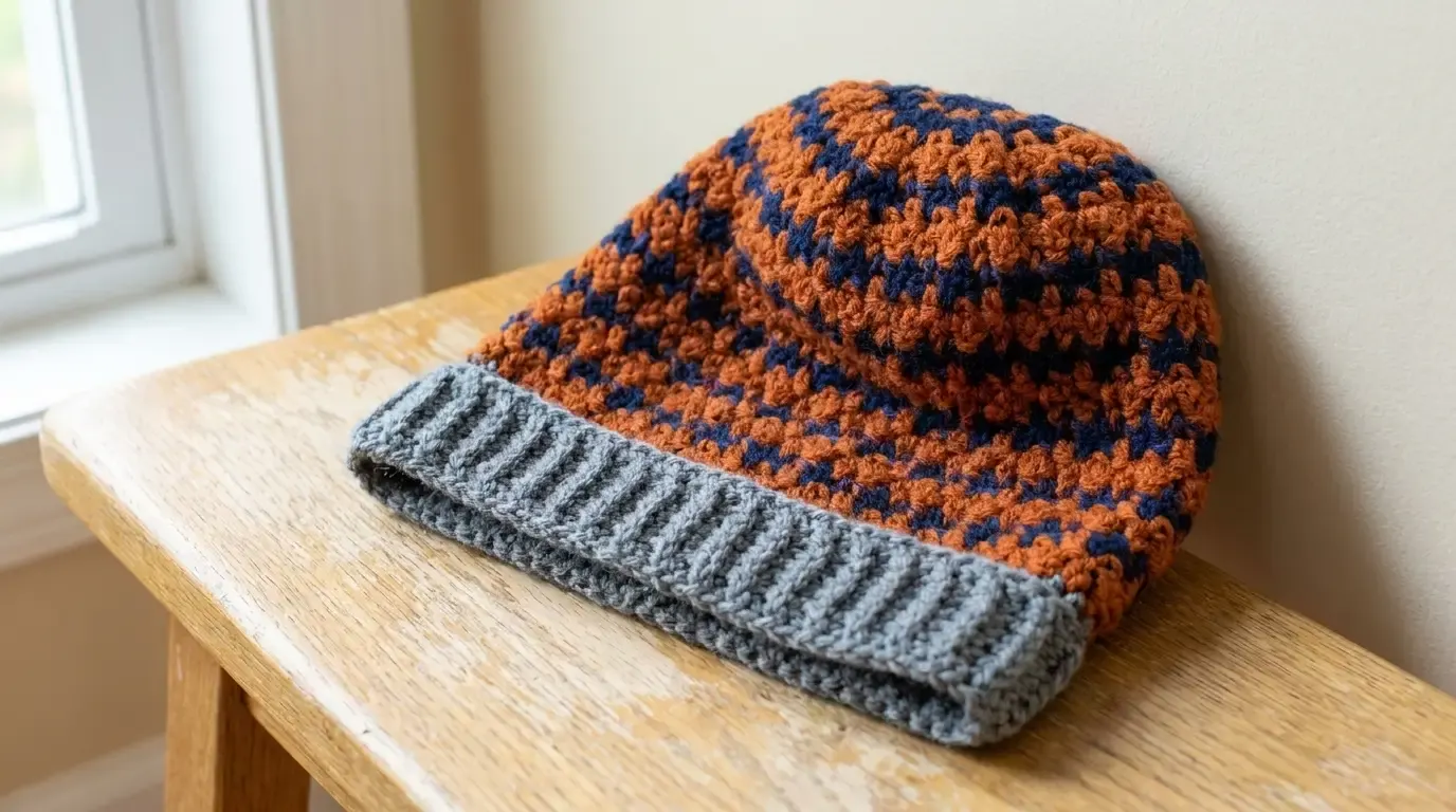 Orange and navy houndstooth crochet slouch beanie with a wide folded gray ribbed brim