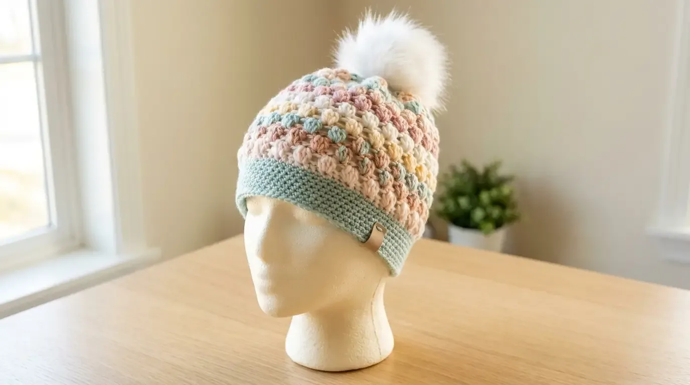 Pastel variegated puff-stitch crochet beanie with a solid seafoam band and white faux-fur pom-pom on a mannequin head