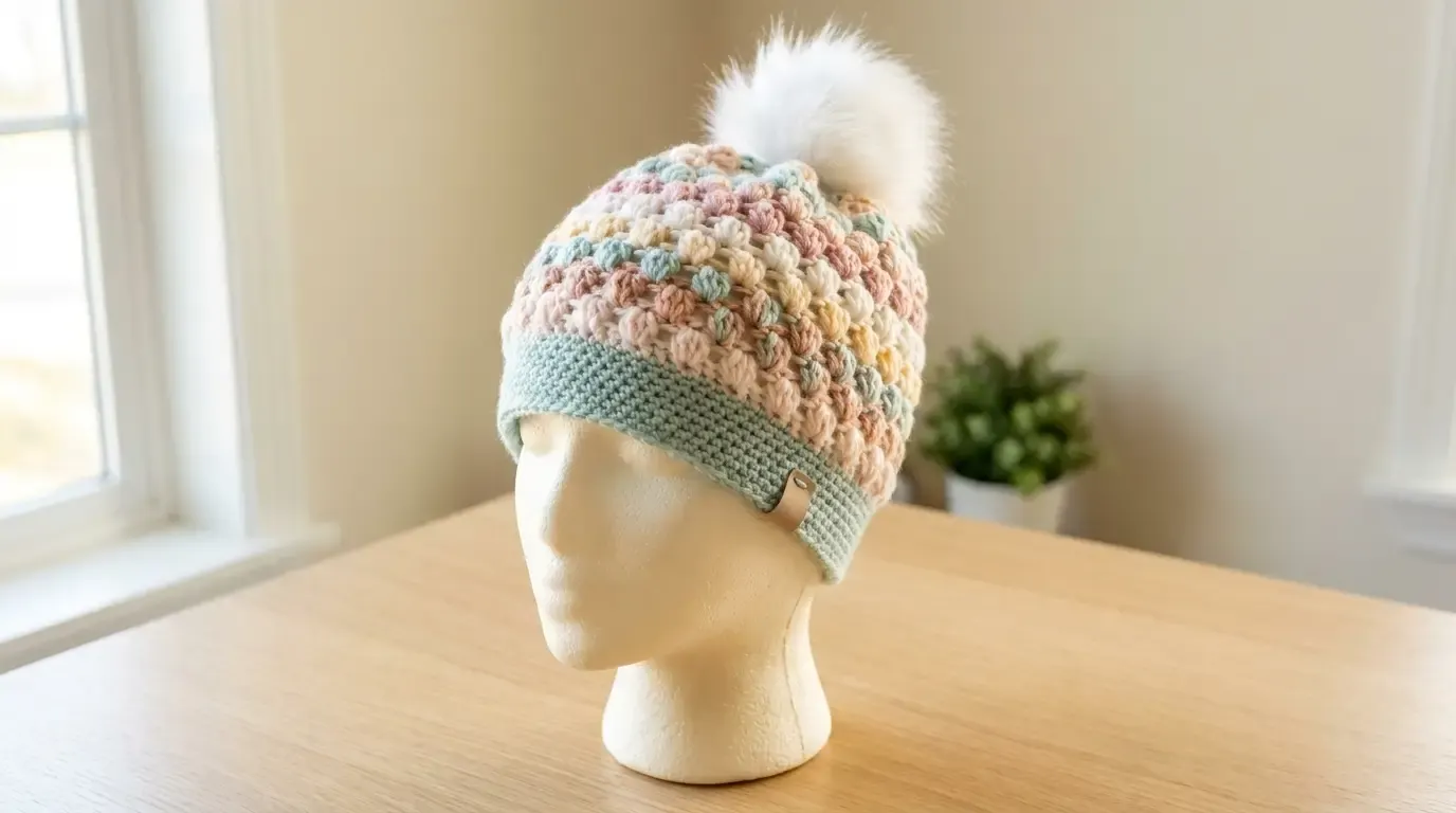 Pastel variegated puff-stitch crochet beanie with a solid seafoam band and white faux-fur pom-pom on a mannequin head
